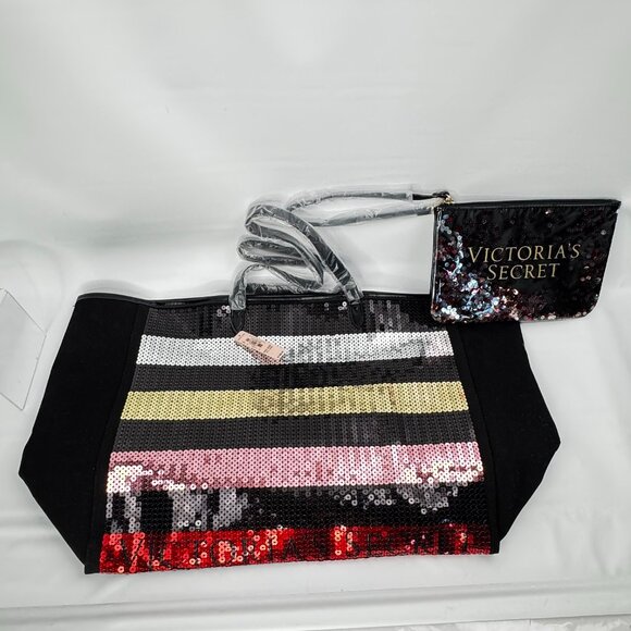 Victoria's Secret Bling Large Tote Bag & Pouch Sequin Rainbow Black Red 2017 wit - Picture 1 of 16